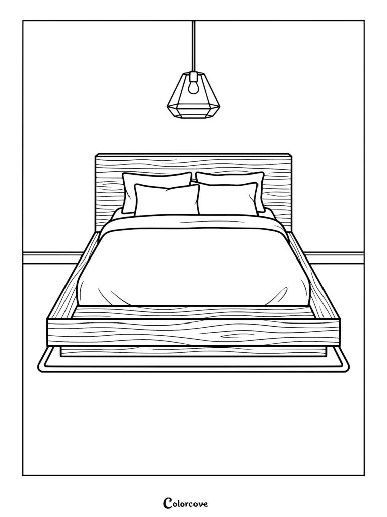 A minimalist wooden platform bed with pillows and a geometric pendant light in this cozy bedroom coloring page.