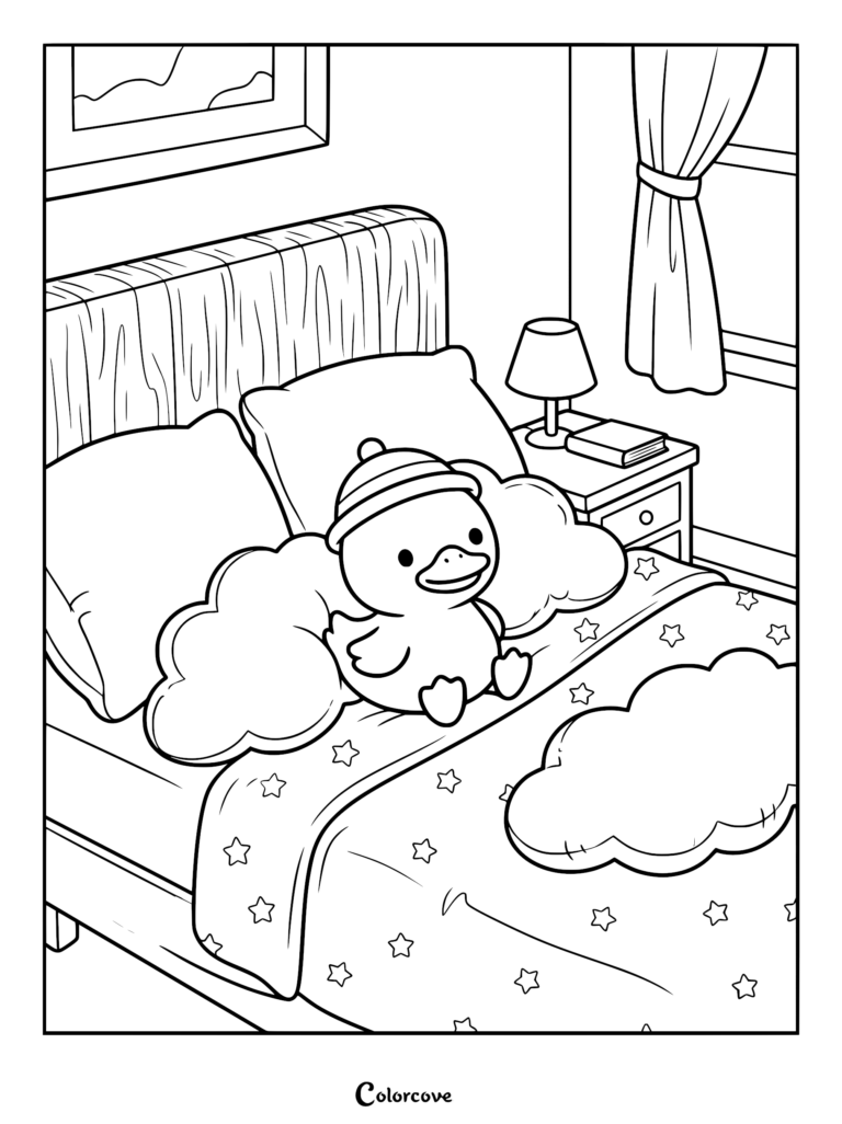 A cute duck wearing a beanie sitting on a star-patterned bed in a cozy bedroom coloring page.
