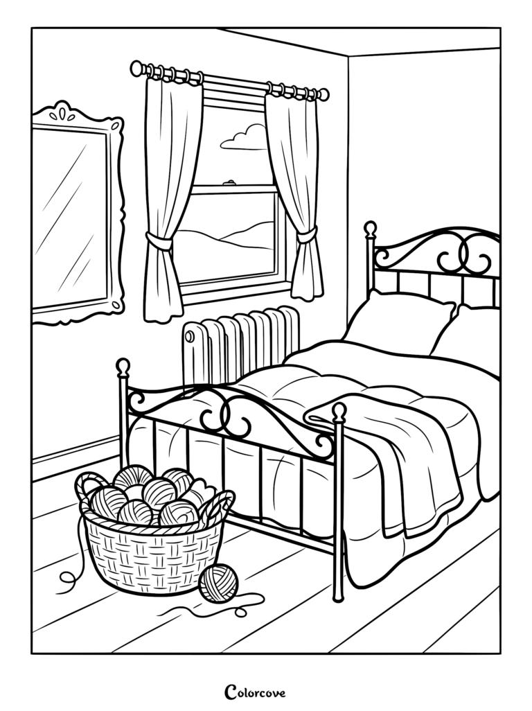A cozy bedroom coloring page featuring an iron bed frame, a basket full of yarn balls on the floor, a wall mirror, and a window with curtains.
