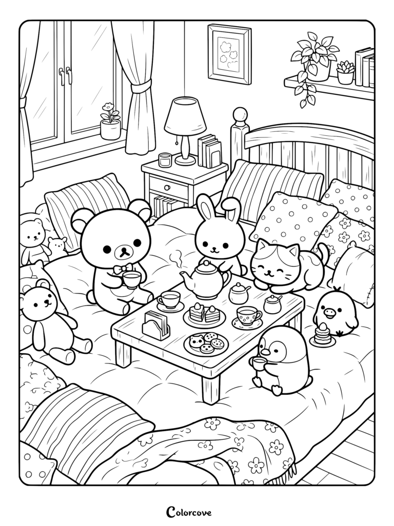 Rilakkuma, Korilakkuma, Kiiroitori, and friends having a tea party on a bed in a cozy bedroom coloring page with cakes and cookies.