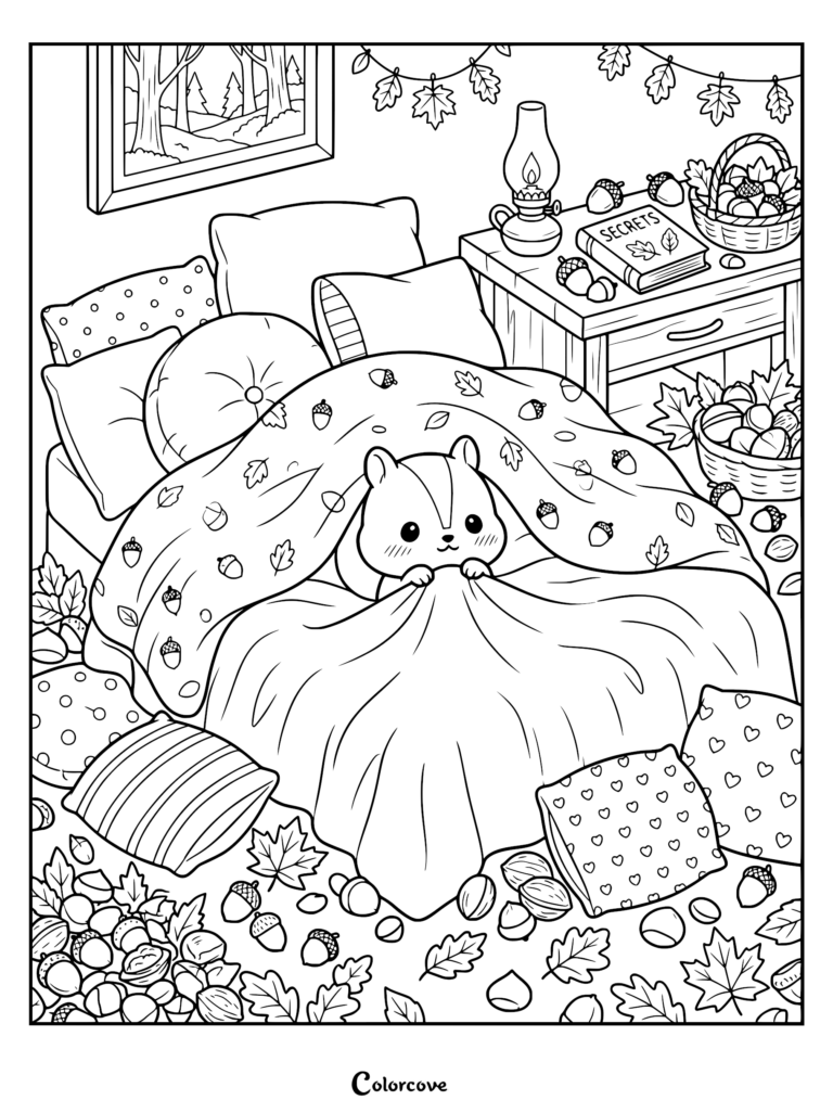 A cute chipmunk tucked into a bed with an acorn-patterned blanket in a cozy bedroom coloring page, surrounded by autumn leaves and nuts.