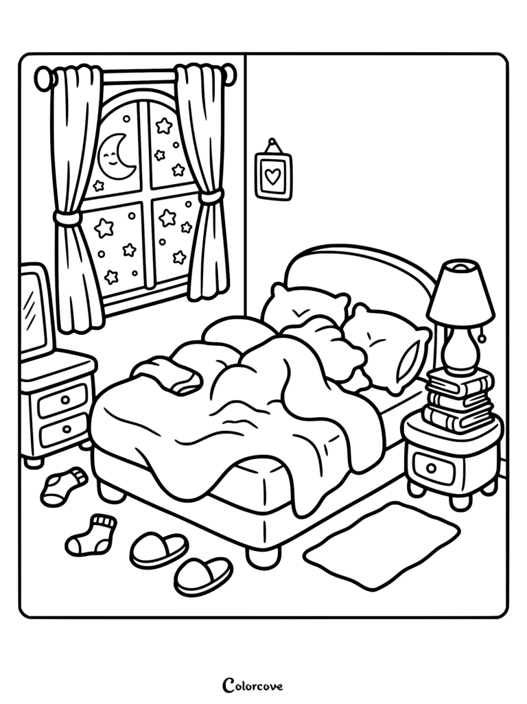 A cozy bedroom coloring page featuring a bed with pillows, a nightstand with a lamp and books, and a window showing a smiling crescent moon and stars.