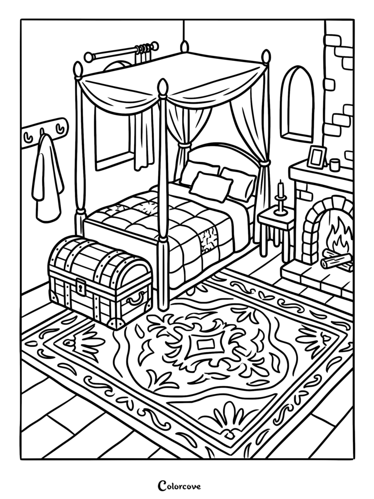 A cozy bedroom coloring page featuring a four-poster canopy bed, a stone fireplace with a crackling fire, a wooden storage chest, and an ornate patterned area rug.