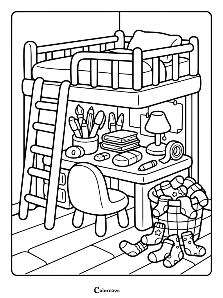 A cozy loft bed coloring page featuring a desk underneath with art supplies, a lamp, and a basket of patterned socks.