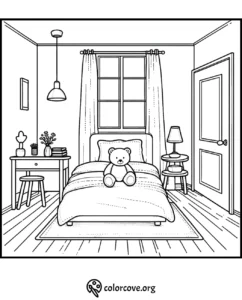 Cozy bedroom coloring page with teddy bear, bed, window, and furniture. Relaxing interior design for kids and adults.