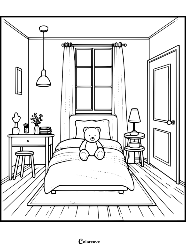 A cozy bedroom coloring page featuring a teddy bear sitting on a bed, a desk with flowers, and a bedside lamp.