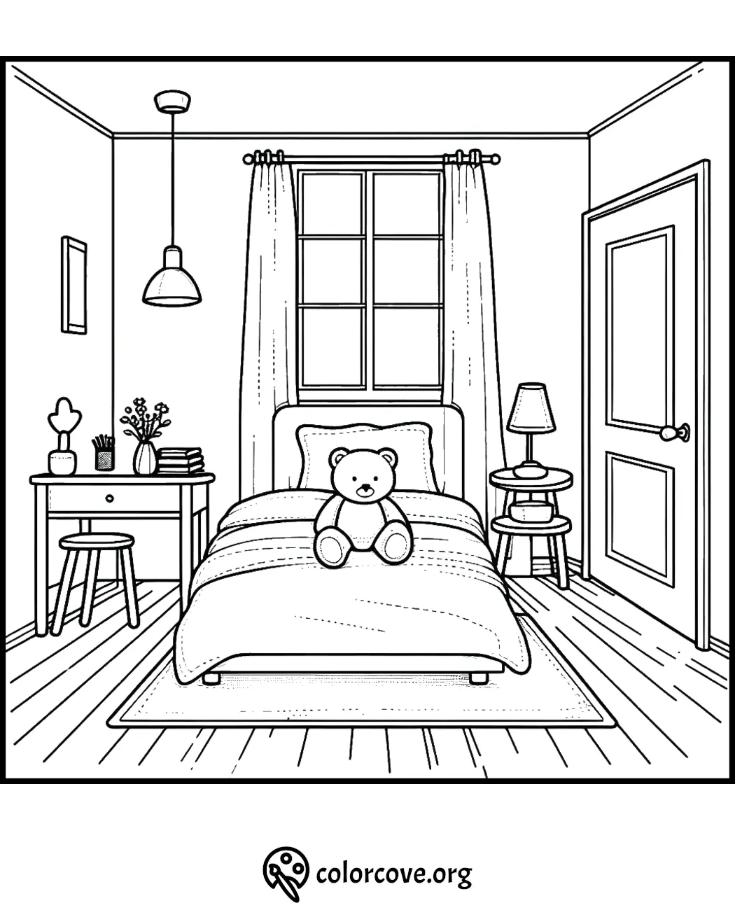 Cozy bedroom coloring page with teddy bear, bed, window, and furniture. Relaxing interior design for kids and adults.