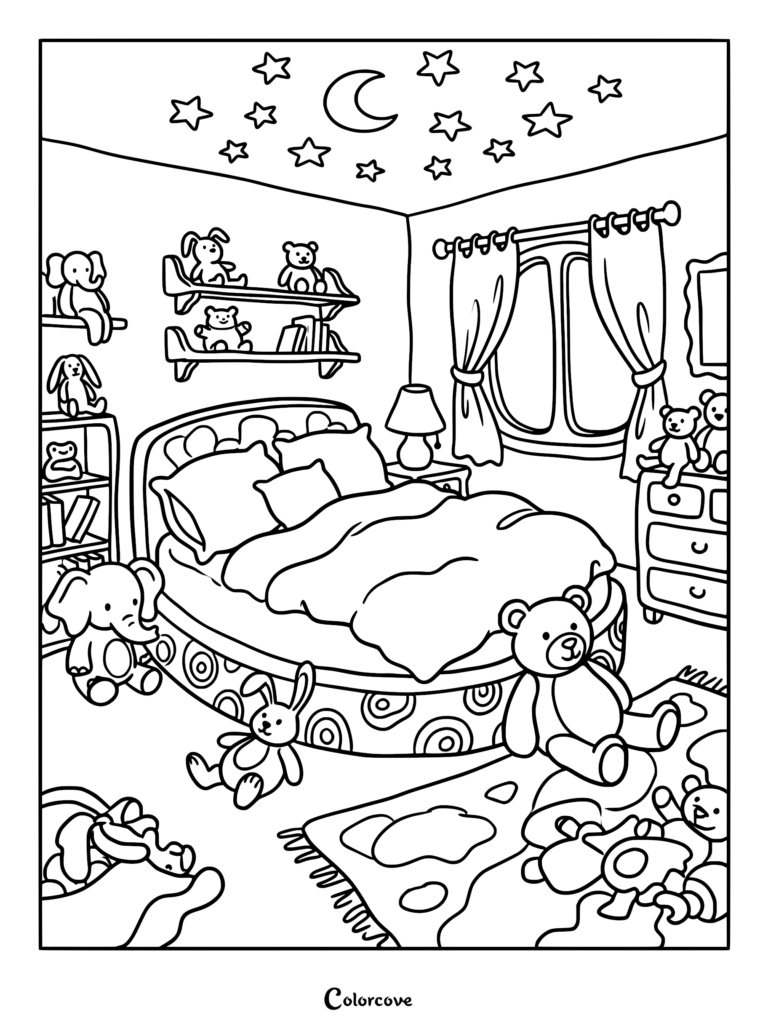 A cozy bedroom coloring page featuring a bed surrounded by stuffed animals, wall shelves with toys, and a starry night ceiling.