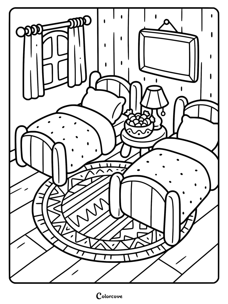 A cozy bedroom coloring page featuring two twin beds, a central nightstand with a lamp and bowl of treats, and a patterned rug.