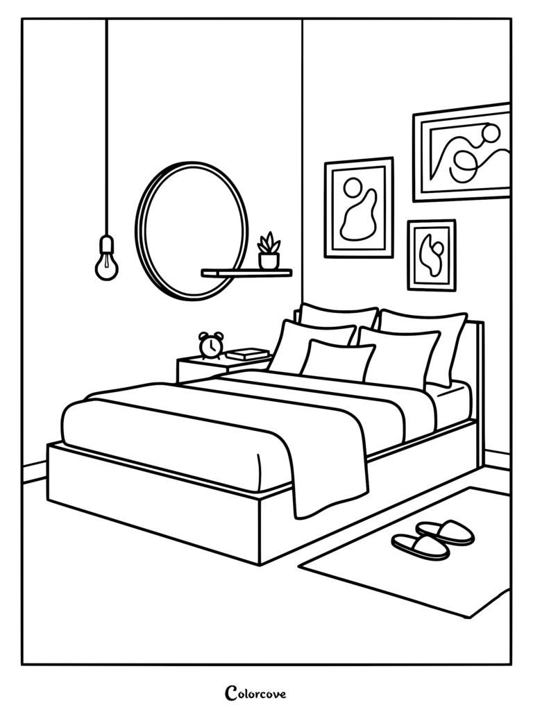 Minimalist cozy bedroom coloring page featuring a bed with pillows, a round mirror, wall art, and slippers on a rug.