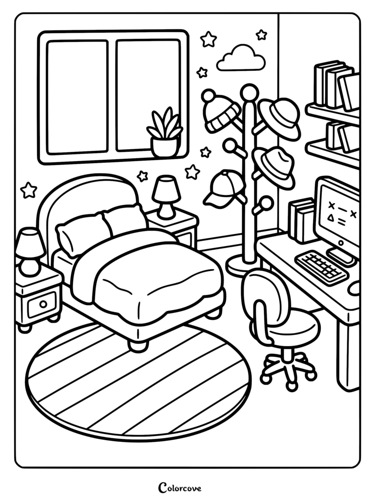 tidy bedroom with a bed, desk, and coat rack.