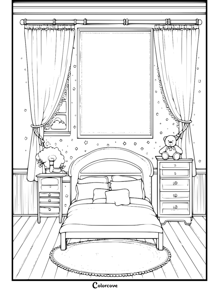 A cozy bedroom coloring page featuring a bed, nightstand, dresser with a teddy bear, and a large wall frame.