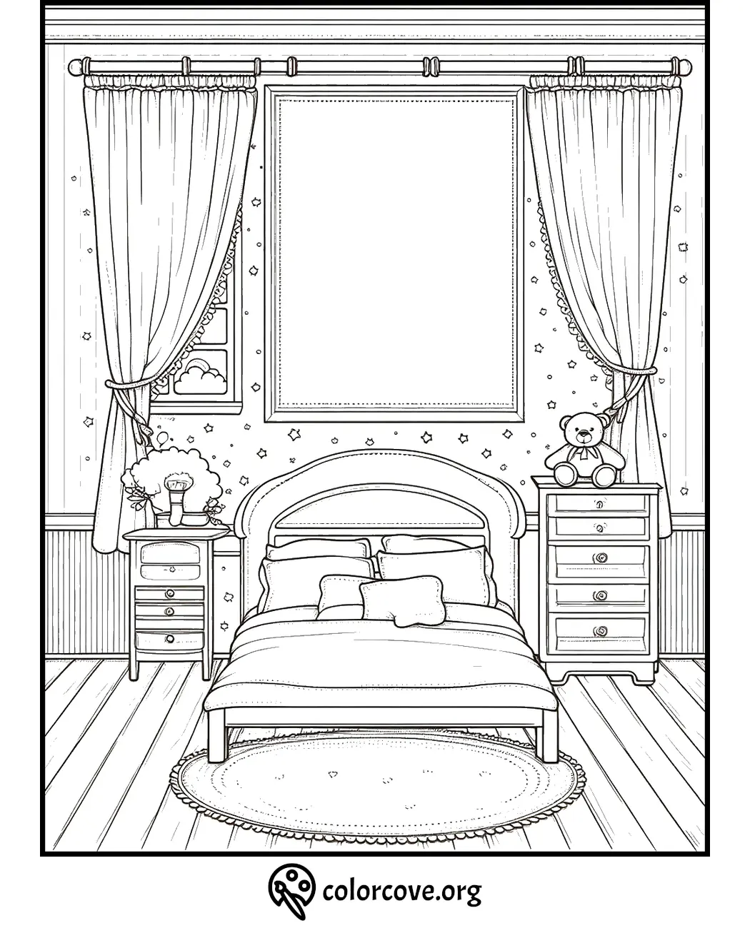 Cozy bedroom coloring page with bed, pillows, curtains, and teddy bear. Ideal for relaxation and creativity.