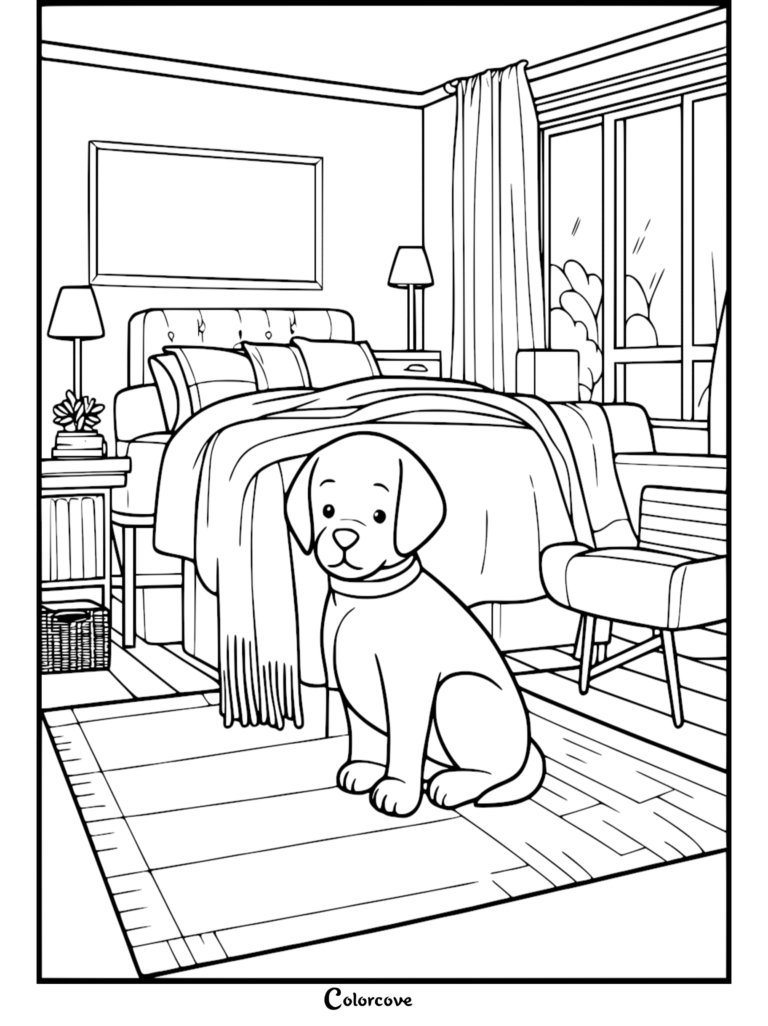A friendly Labrador puppy sitting on a rug in a cozy bedroom coloring page with a made bed, nightstands, and large window.
