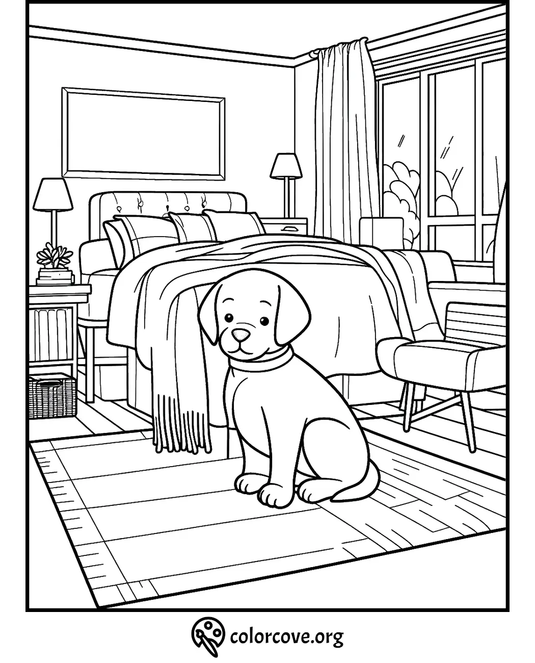 Puppy sits on a carpet in a cozy bedroom with a bed and large window for coloring fun. Perfect for kids and dog lovers.