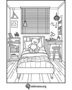 Coloring page of a cozy bedroom with a teddy bear on the bed, bookshelves, and a desk lamp.