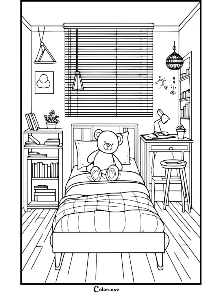 A line art coloring page of a cozy bedroom featuring a bed with a teddy bear, bookshelves, a desk, and window blinds.