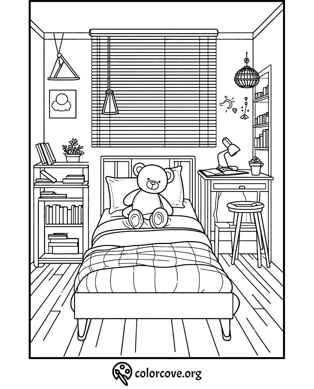 Coloring page of a cozy bedroom with a teddy bear on the bed, bookshelves, and a desk lamp.