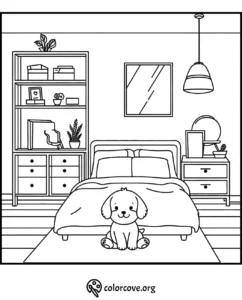 Cozy bedroom scene coloring page with a cute puppy sitting on the bed.