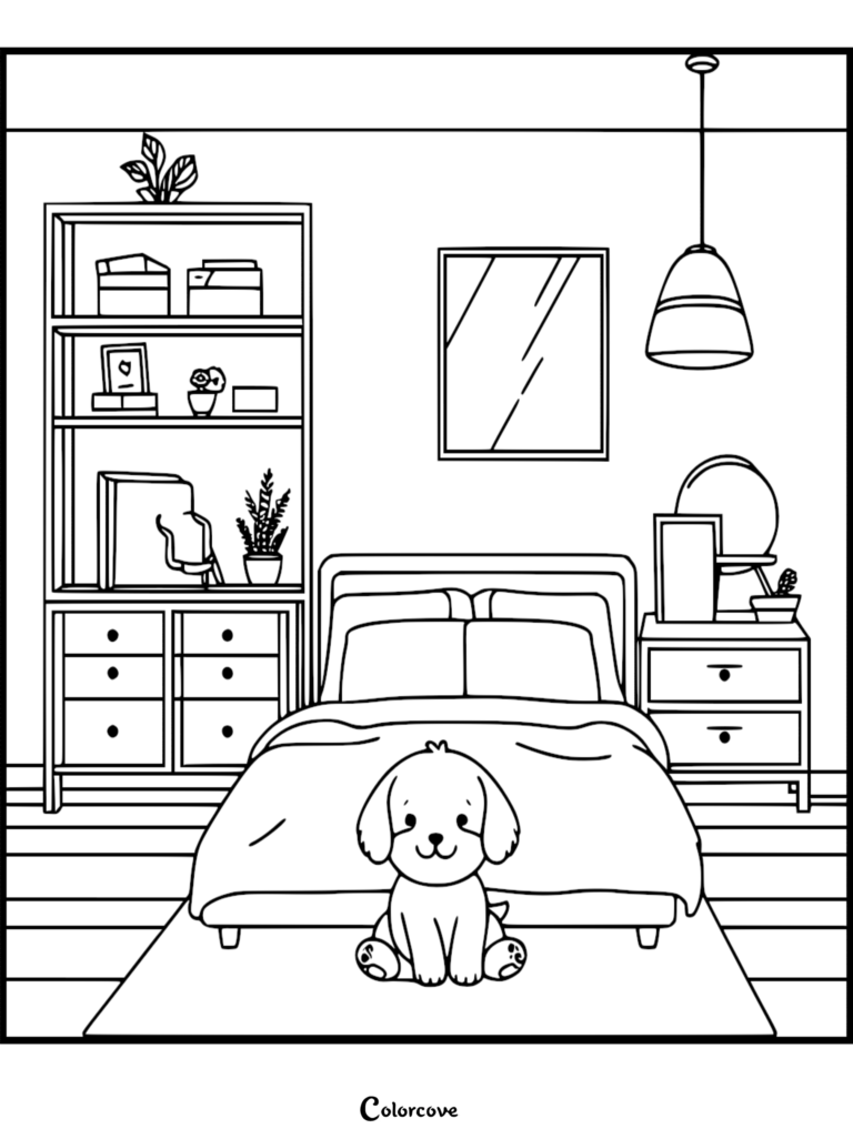A cute puppy sitting on a rug in a cozy bedroom coloring page featuring a bookshelf, bed, and nightstand.