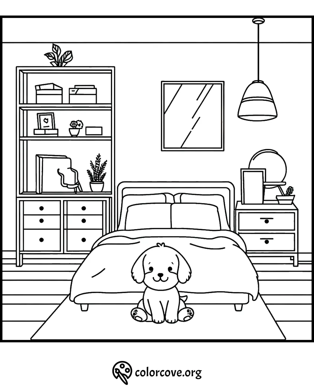 Cozy bedroom scene coloring page with a cute puppy sitting on the bed.