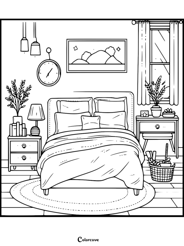 A cozy bedroom coloring page featuring a made bed, bedside tables with lamps, potted plants, a wall clock, and a window with curtains.