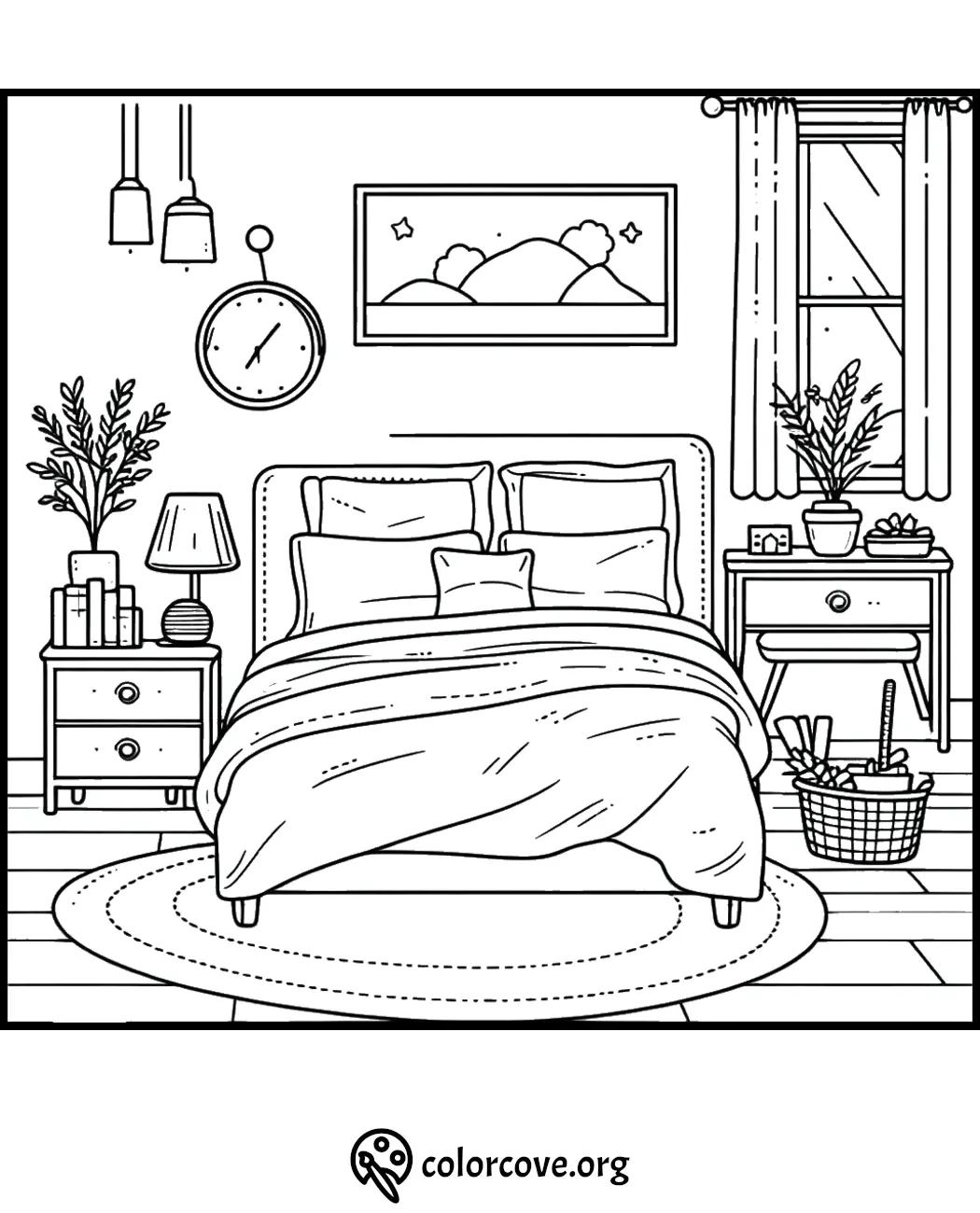 Cozy bedroom coloring page featuring a bed, nightstands, plants, and decor for relaxation and creativity.