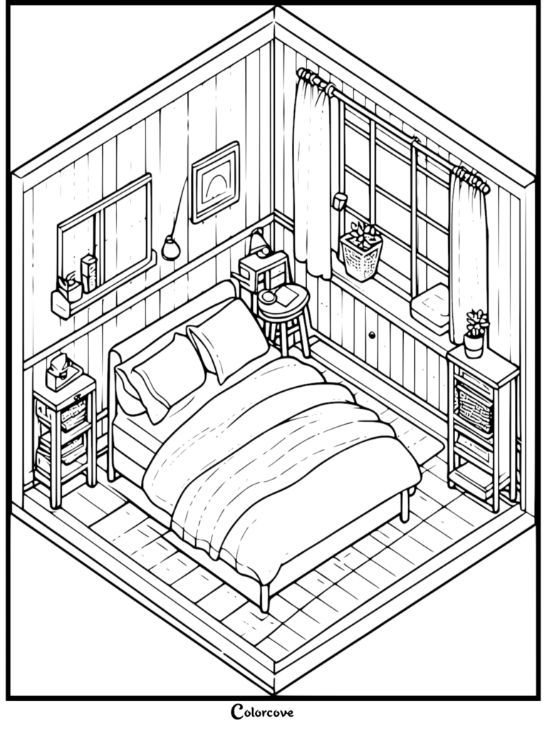 Isometric view of a cozy bedroom coloring page featuring a double bed, bedside tables, potted plants, and large windows with curtains.