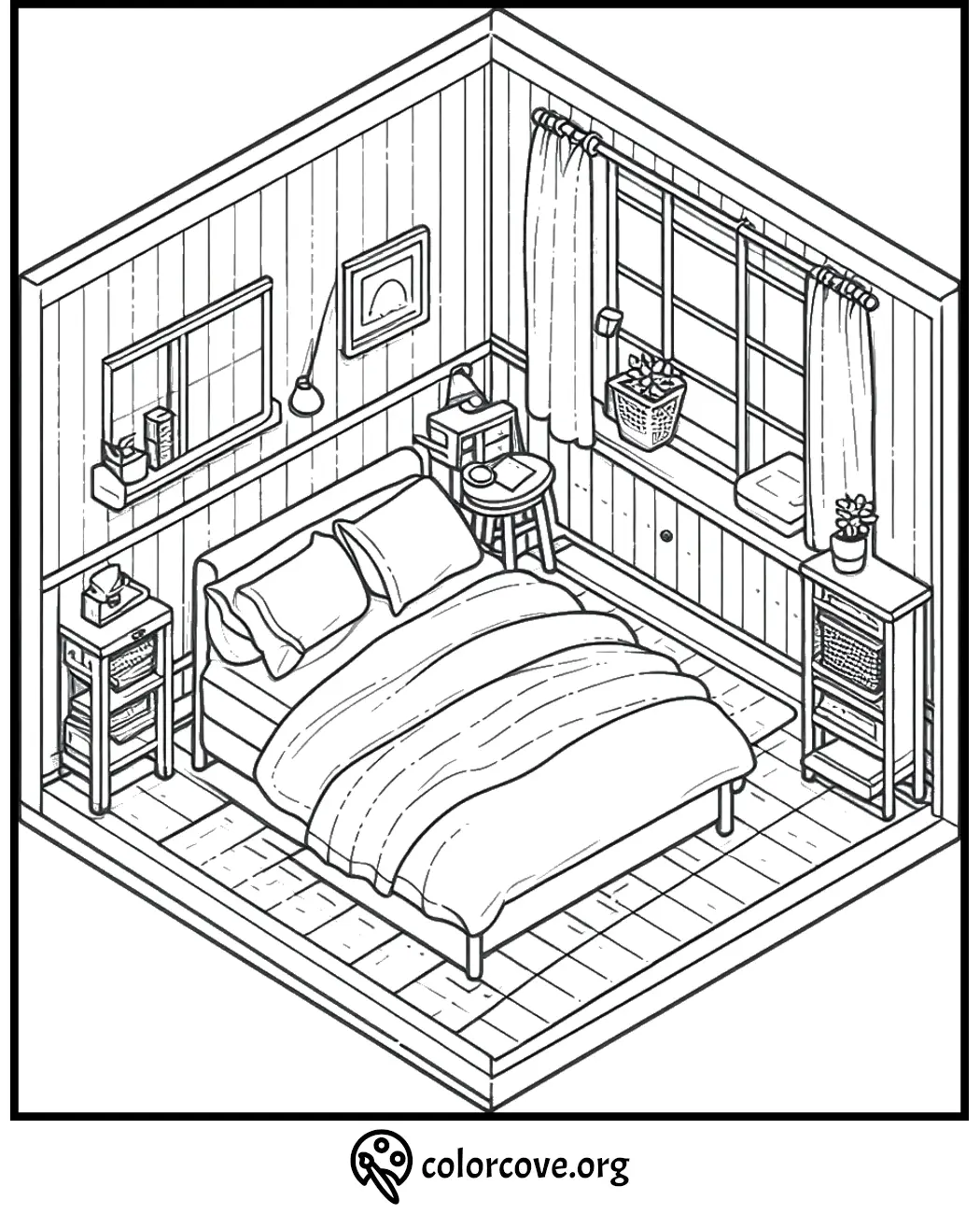 Cozy bedroom coloring page with bed, nightstands, window, and decor. Ideal for relaxation and creativity.