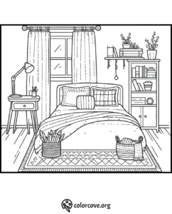 Cozy bedroom coloring page with bed, nightstand, books, plants, and pencil basket for relaxation and creativity.