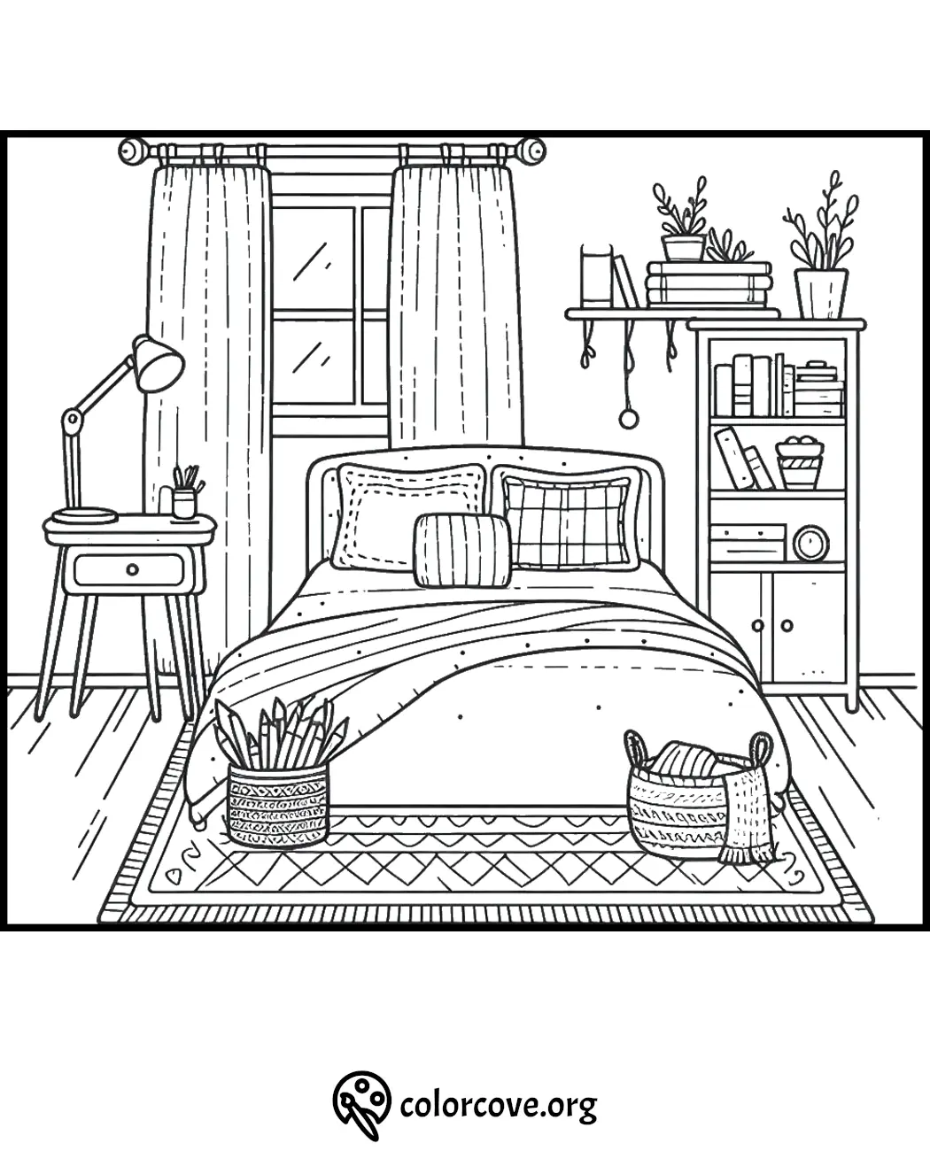 Cozy bedroom coloring page with bed, nightstand, books, plants, and pencil basket for relaxation and creativity.