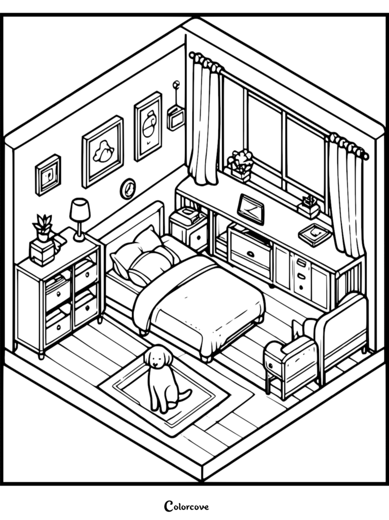 Isometric coloring page of a cozy bedroom featuring a bed, desk, dresser, and a cute dog sitting on a rug.