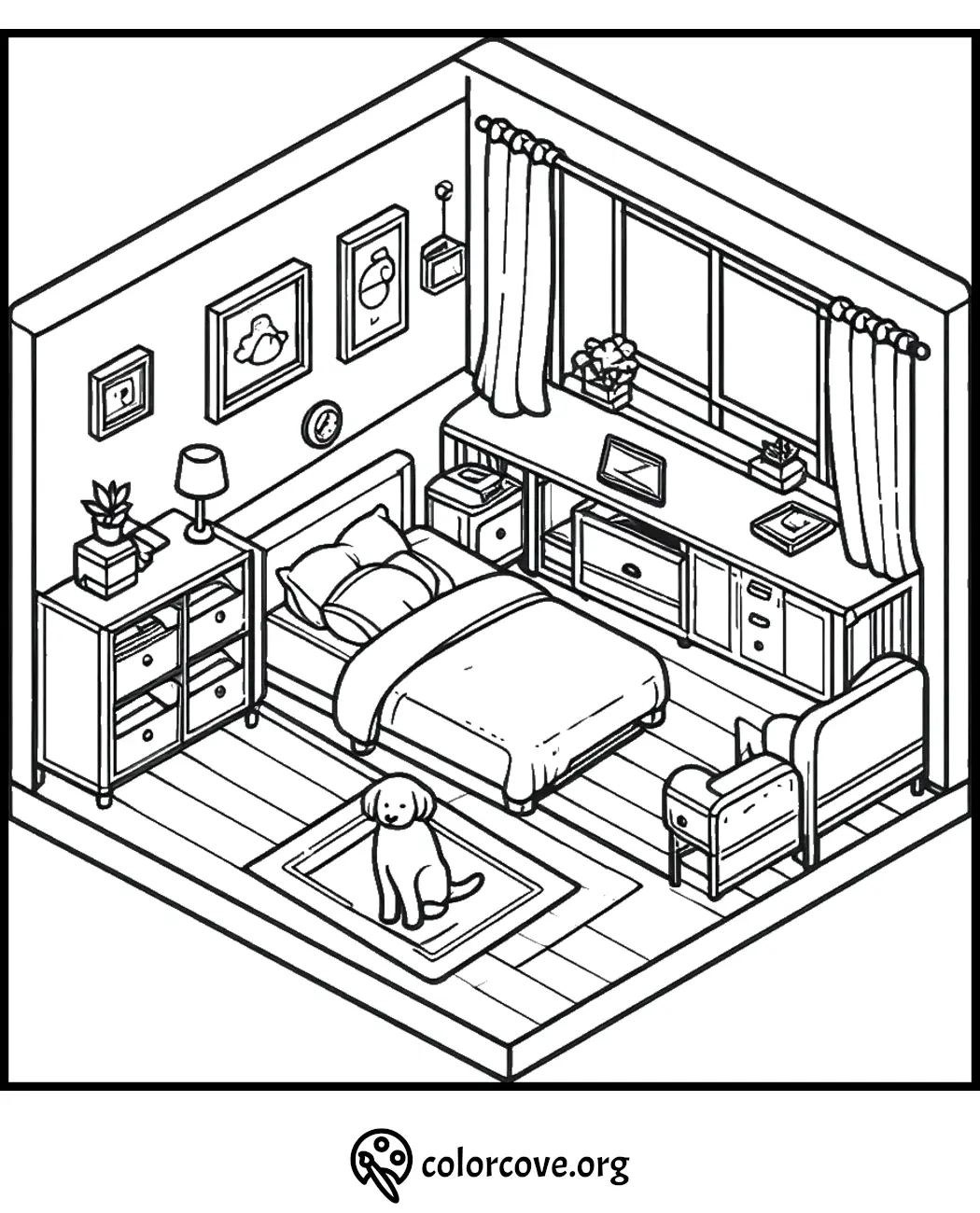 Cozy bedroom coloring page with bed, plants, desk, and chair. Perfect for relaxation and creativity.