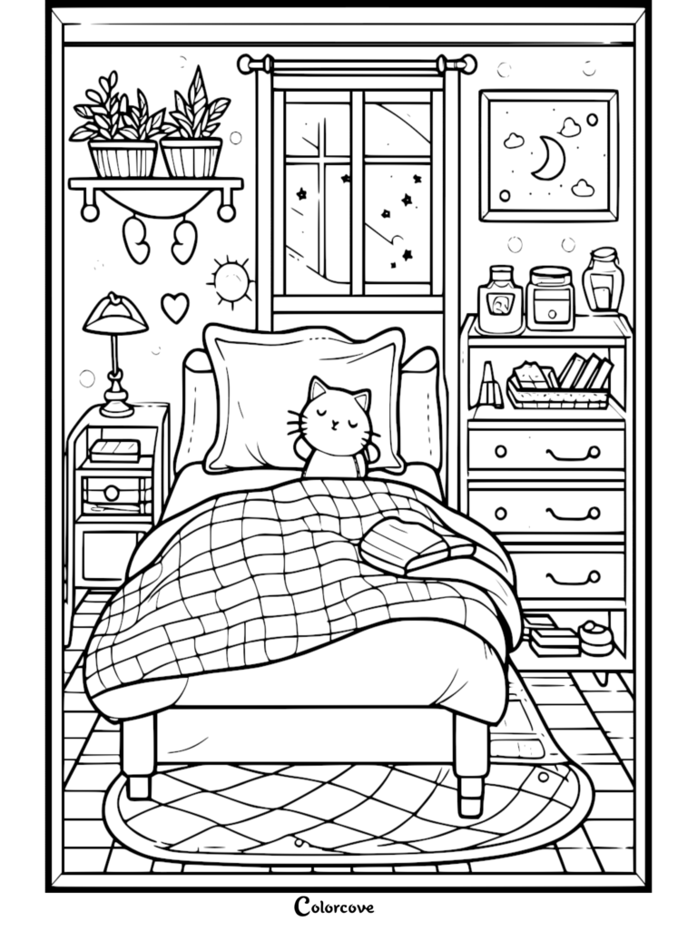 A cozy bedroom coloring page featuring a cute cat sleeping on a bed with a plaid blanket, nightstand, bookshelf, and window view.