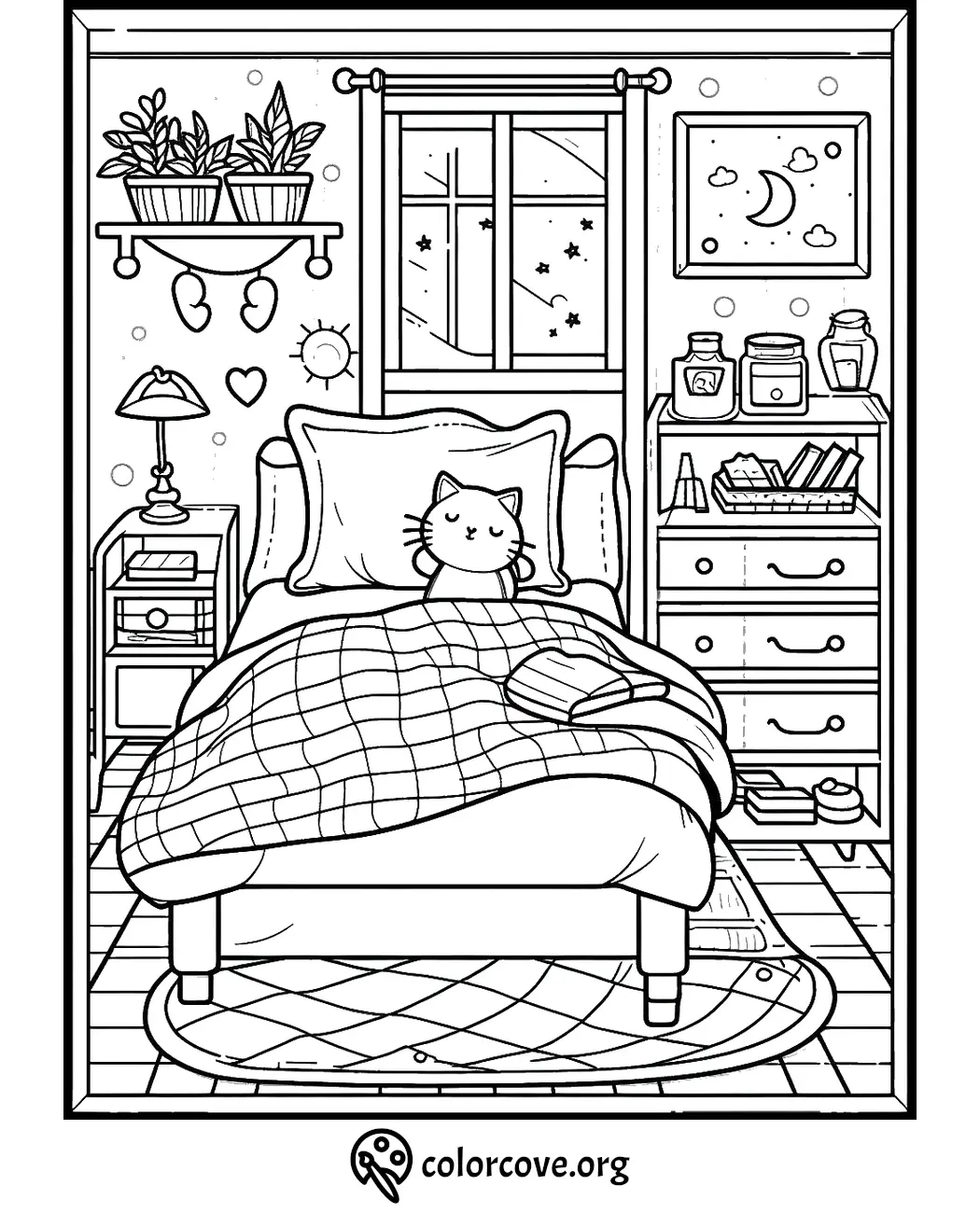 Cozy bedtime coloring page with cat on bed, starry night sky, plants, and decor. Perfect for relaxing coloring fun.