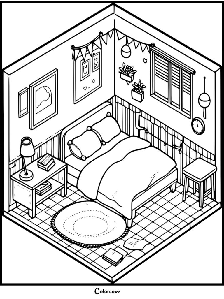 Isometric view of a cozy bedroom featuring a bed, nightstand with lamp, wall art, hanging bunting, and a round rug in this detailed coloring page.
