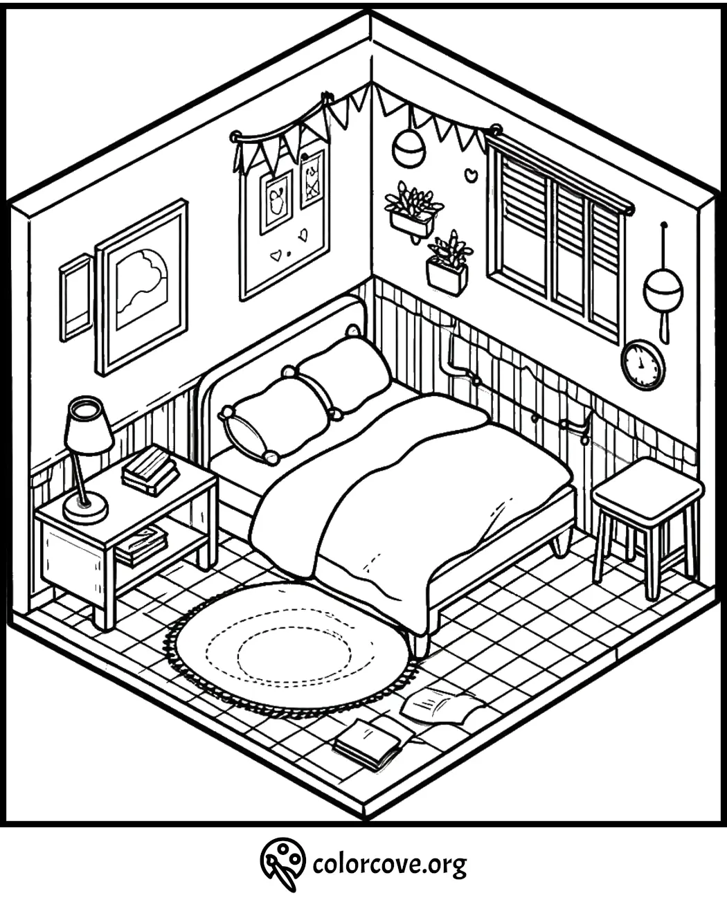 Cozy bedroom coloring page featuring bed, bookshelf, and indoor plants for a relaxing coloring experience.