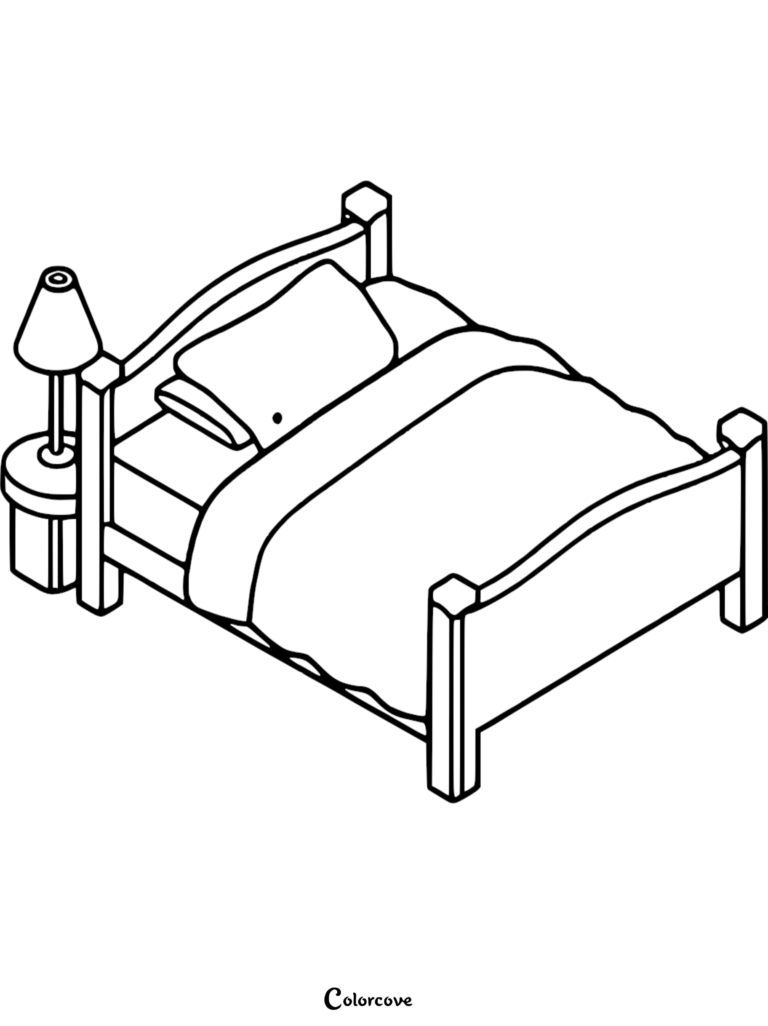 Isometric line art of a cozy bedroom bed with a pillow, duvet, and bedside lamp on a nightstand, printable coloring page.