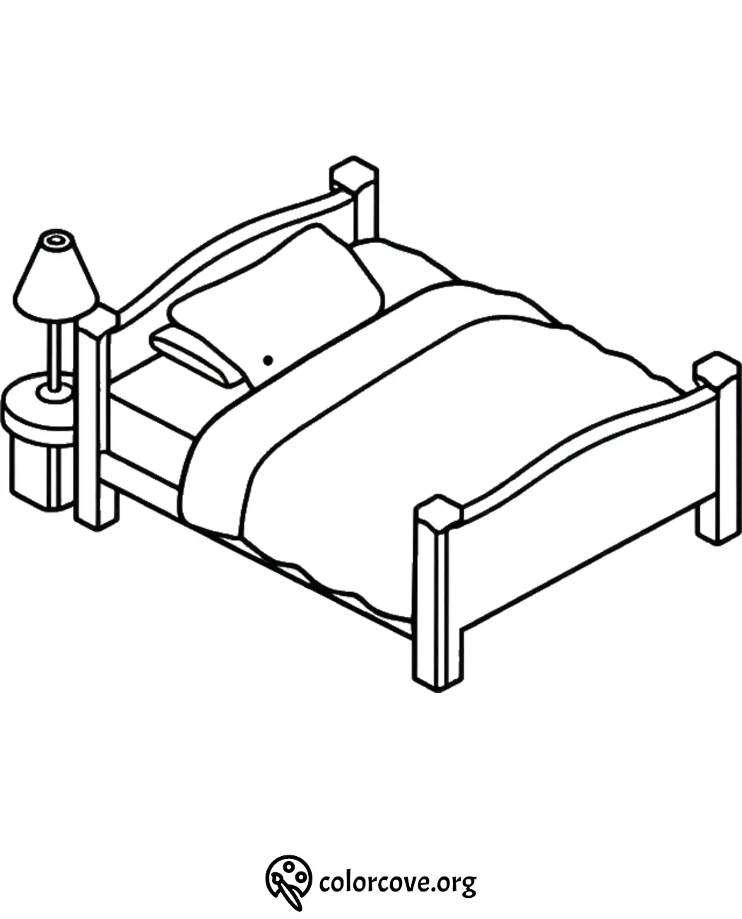 Line art coloring page of a bed with a pillow and bedside lamp, ideal for kids and home-themed coloring activities.