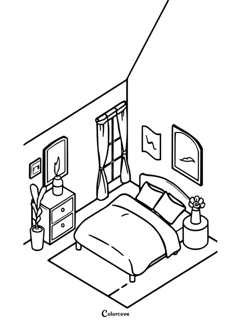 Isometric line art coloring page of a cozy bedroom featuring a bed with two pillows, a nightstand with a flower vase, a dresser with a lamp, a potted plant, and wall art.