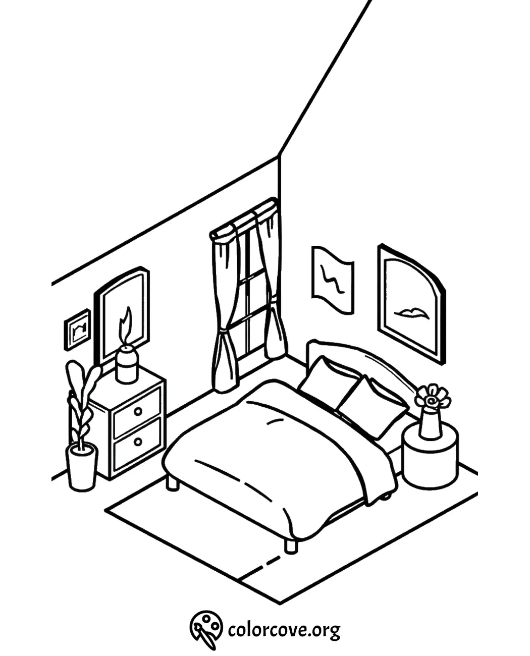 Cozy bedroom coloring page with bed, plants, and wall decor. Ideal for relaxation and creativity.