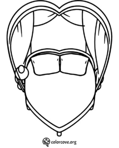 Heart-shaped bed coloring page with pillows and curtains for kids and adults to color.