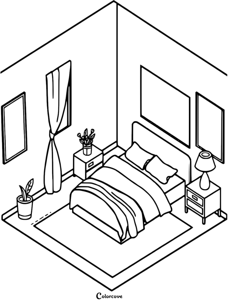 Isometric line art coloring page of a cozy bedroom featuring a bed with two pillows, two nightstands, a lamp, potted plants, and wall art.