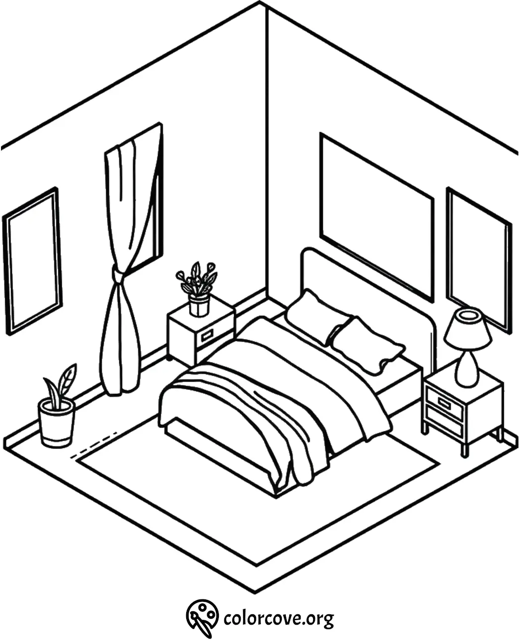 Minimalist bedroom coloring page with bed, nightstands, lamps, and plants in a cozy isometric style.