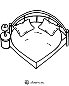 Heart-shaped bed coloring page with pillows and a side table lamp. Perfect for kids and bedroom decor fans.