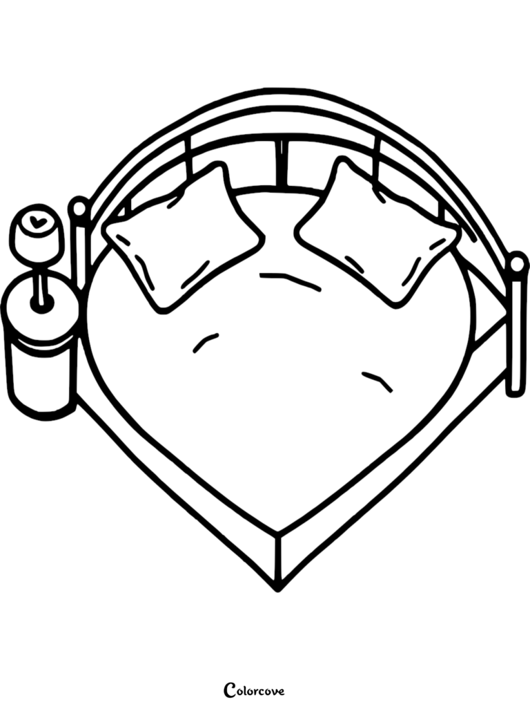A top-down isometric coloring page of a modern round bed with two pillows and a small bedside lamp table.