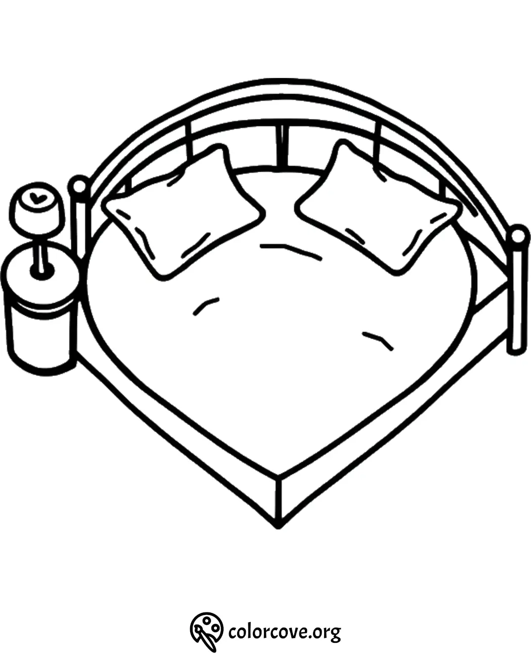 Heart-shaped bed coloring page with pillows and a side table lamp. Perfect for kids and bedroom decor fans.