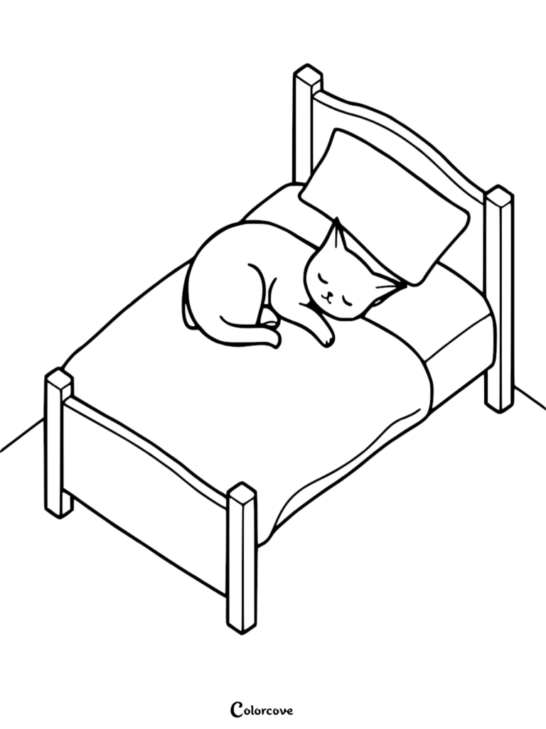 A cute cat curled up sleeping on a cozy bed, isometric line art coloring page.