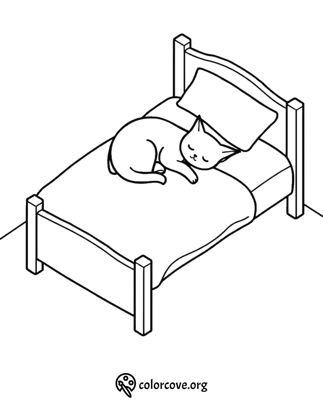 Cat sleeping on a bed coloring page for kids. Peaceful feline resting illustration from ColorCove.