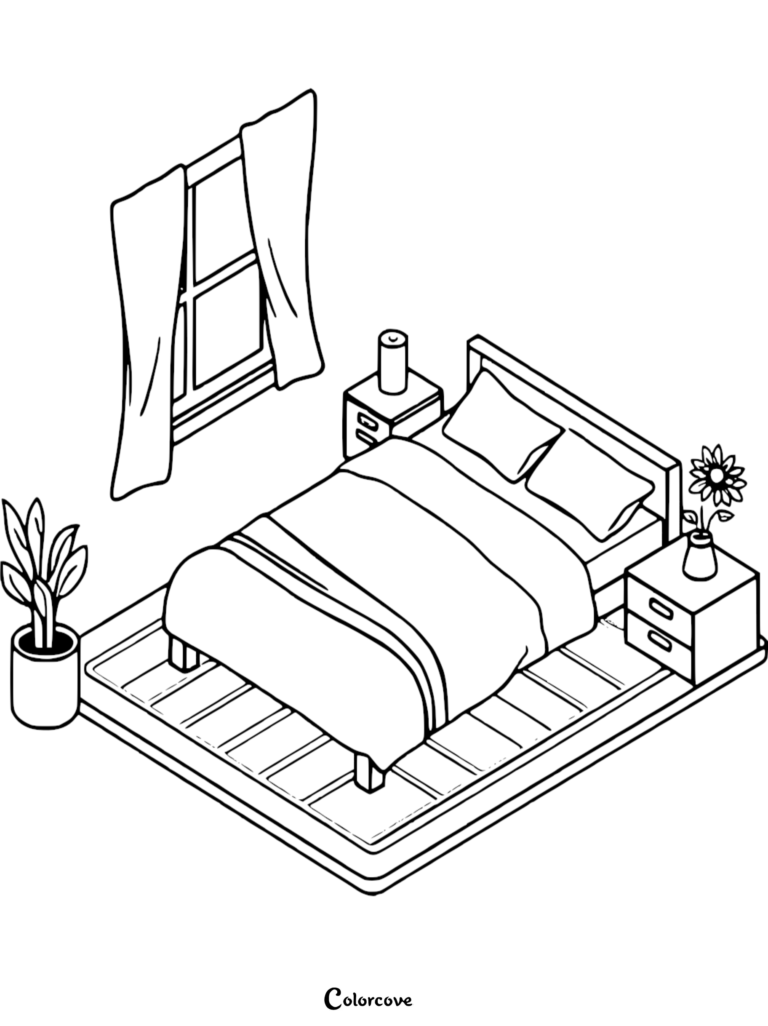 Isometric line art coloring page of a cozy bedroom featuring a bed with two pillows, nightstands with a lamp and flower, a window with curtains, and a potted plant on a rug.